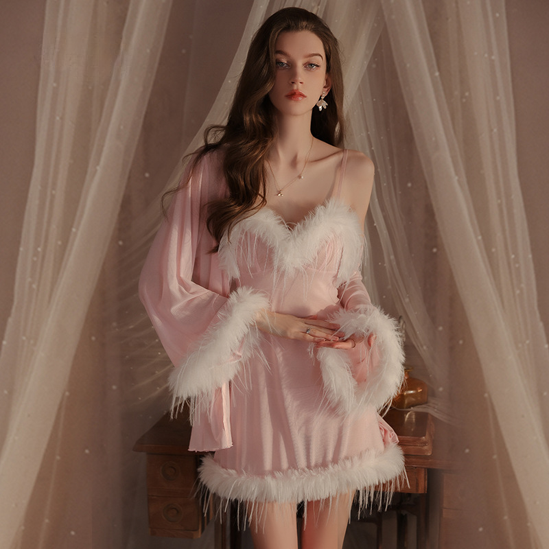 LUXURIOUS FEATHER TRIMMED SLIP DRESS WITH ROBE