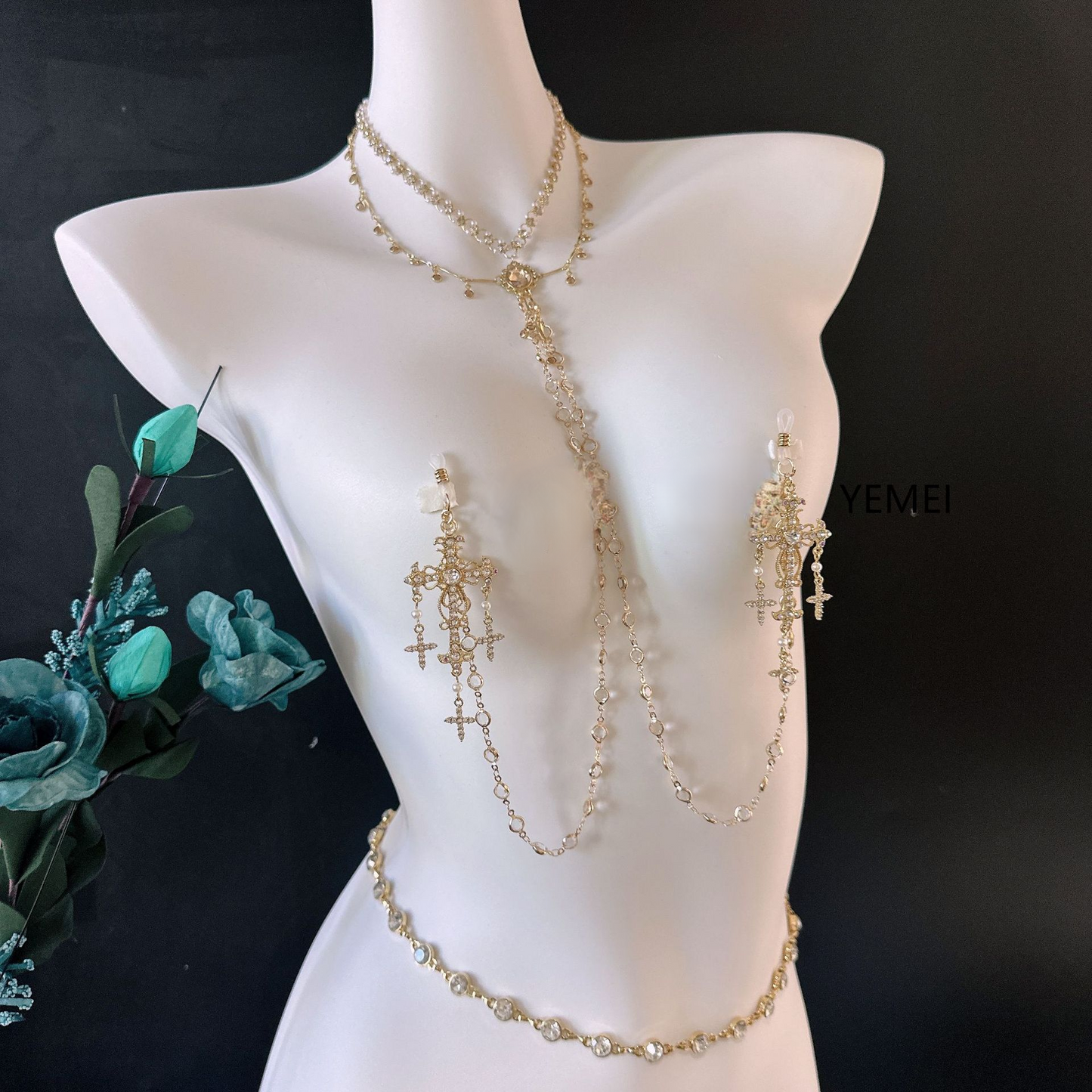 Baroque Cross Choker with Nipple & Waist Chain & Anal Plug